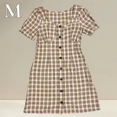ミニ丈 ワンピース 夏服 ミニワンピ 膝上 チェック 韓国 M スクエアネック