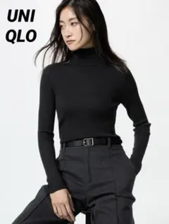 極美品✨ メリノリブタートルネックセーター　薄手　ウール　伸縮性　ブラック　M