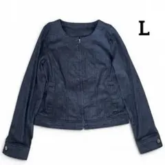 INDIVI ノーカラージャケット L ストレッチ デニム調 紺　美品のサムネイル