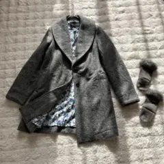 サニークラウズ ウール混 ロングコート 裏地総柄 花 ショールカラー グレー M