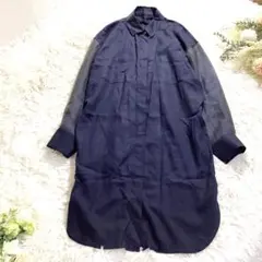 PINORE ピノーレ 異素材シアー袖シャツワンピース ロング ネイビー Mのサムネイル