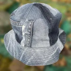 ダークブルーデニムリメイクパッチワークサファリハットhat-0014