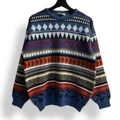 値下げ【Euro vintage】80s 90s ユーロ古着 総柄 レトロニット