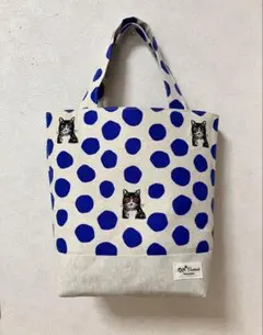 【ハンドメイド】水玉メガネ猫ちゃんプリントトートバッグ　エチノ