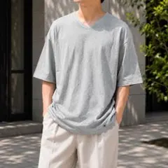 トミーヒルフィガー【L】半袖Tシャツ グレー 無地 ソリッド Vネック シンプル