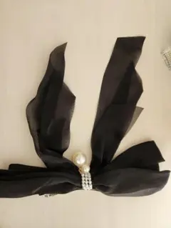 パール付き黒リボンヘアバレッタ