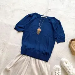 レディース　サマーニット　半袖　M 深ブルー　カットソー