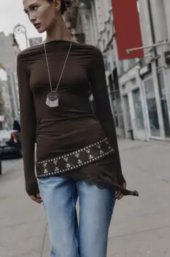 新品未使用　ZARA アシンメトリーヘムレースTシャツ　S ザラ