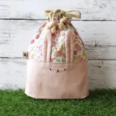 【生えうさぎ巾着】コップ袋　オリジナルキャラクターハンドメイド花柄ピンク小物入れ