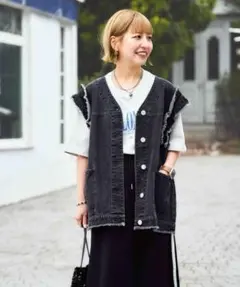 スタジオクリップ　フリルデニムベスト　ブラック