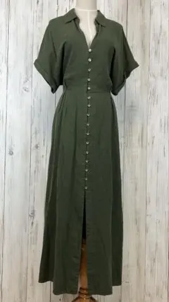ZARA リネン50% シャツ ロング ワンピース　ベルト 付き