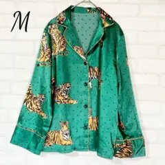シーイン トラ柄 ドット グリーン サテン 長袖シャツ M
