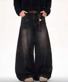 ブラックデニムパンツ U字型デザイン デニム バルーン