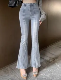 SHEIN DAZY ポケットつき ソリッドカラー フレアデニムパンツ