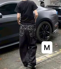 ワイドデニムパンツ　バギーデニム　黒　ブラック　刺繍　ユニセックス　M