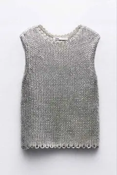 新品タグ付★ZARA ザラ メタリックニットベスト ノースリーブ S シルバー