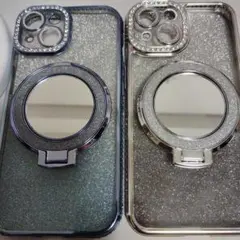 グリッターシルバーブルー iPhone15ケース ミラー付き ２個セット