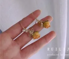 本物バラ　天然パール　ピアス　プリザーブドフラワー ピンク　イエロー　天然石