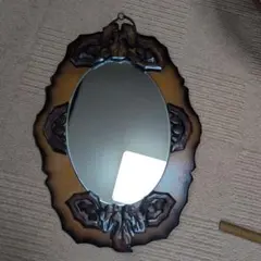 【アンティーク風】木彫り装飾壁掛けミラー