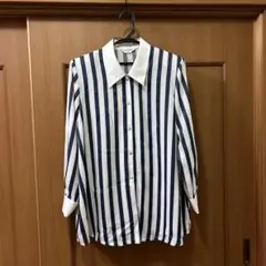 【美品】レディース　長袖ブラウス　サイズ11R ネイビーストライプ　レトロ