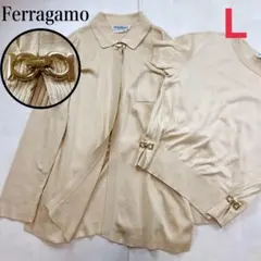 美品★フェラガモ アンサンブル ニットカーディガン シルク お花柄ヒール切替 M 美品☆フェラガモ アンサンブル ニットカーディガン シルク お花柄