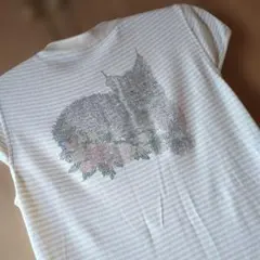レディース 半袖Tシャツ 猫 ラインストーン ボーダーのサムネイル