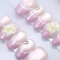 1002ネイルチップSサイズ 韓国上品フレンチ 立体フラワー マグネット　ピンク
