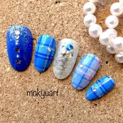 mokyuart41＊ ブルーチェック　ネイルチップ　星　青　星ネイル