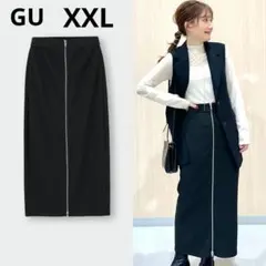 大きいサイズXXL GU黒フロントジップナローロングスカートストレッチ