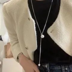 ネックレス ロング パール ラリエット シルバー シンプル 高見え 上品 韓国