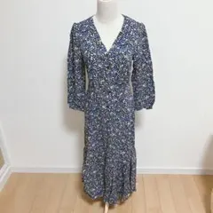 UNIQLO【S】プリントVネックフレアワンピース♡花柄♡青系♡長袖
