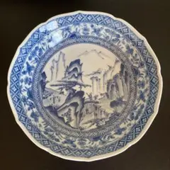 有田焼 青花 染付 山水唐人文 大皿 深皿 盛皿 25.5cm ヴィンテージ