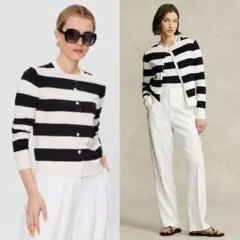 【美品】ポロラルフローレン クルーネック カーディガン ボーダー 白 黒