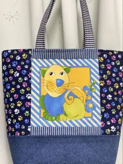 ロラライハリス猫ちゃんデニム風パッチワークトートバッグハンドメイド