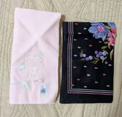 花柄刺繍ピンクガーゼハンカチ 花柄、雫デザインプリントハンカチ 2枚セット