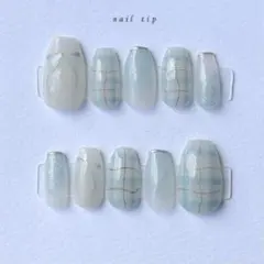 人気No.1 サイズオーダー　ネイルチップ　桜春　リボン　ブルーシルバーチェック