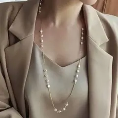 淡水パール ゴールドチェーン ロングネックレス