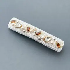 ブラウンビジューとパールの刺繍バレッタ