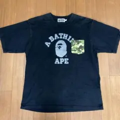 美品_A BATHING APE_Tシャツ_黒_カモフラ柄ポケット_Mサイズ