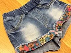 デニム花柄　ショートパンツ　ブルー　90〜100cm
