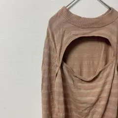 ボーダー ハイネック 長袖 ニット XL 茶金 レーヨン お出かけ 前オープン