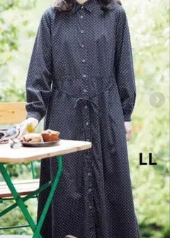 フェリシモ　サニークラウズLL ドット　水玉タマゴ玉柄シャツワンピース ネイビー