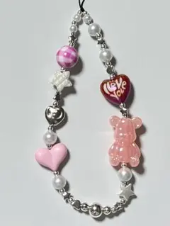 No.27ビーズストラップ スマホストラップシルバーホワイトピンクハートy2k