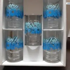 青い花柄ガラスグラス5個セット