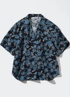 新品！★ユニクロ★Ｓ★リネンブレンドオープンカラーシャツ★半袖★ブラック(椰子)