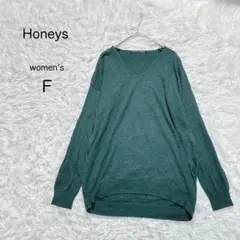 【Honeys】Vネックニット シンプル 深緑 体型カバー 長袖【F】