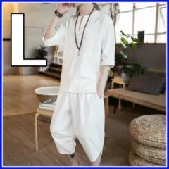 リネン セットアップ 半袖シャツ 7分丈パンツ ルームウェア 白ホワイト  L