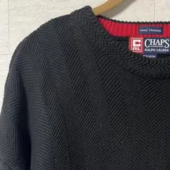 491 CHAPS ニット 黒 L ワンポイント ヘリンボーン