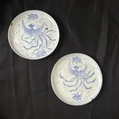 【2枚セット】古伊万里 染付 鳳凰桐文 プレート　平皿　明治時代　錫直しあり