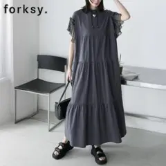 forksy. 　ラメフリルスリーブ配色バックプリントワンピース　ロング　フレア